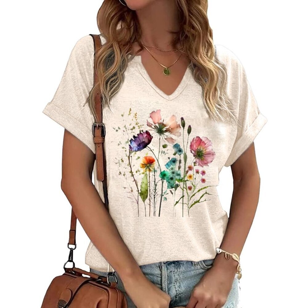 Vintage Floral V-Neck T-Shirt Boho Cottagecore Summer Graphic Tee Casual
